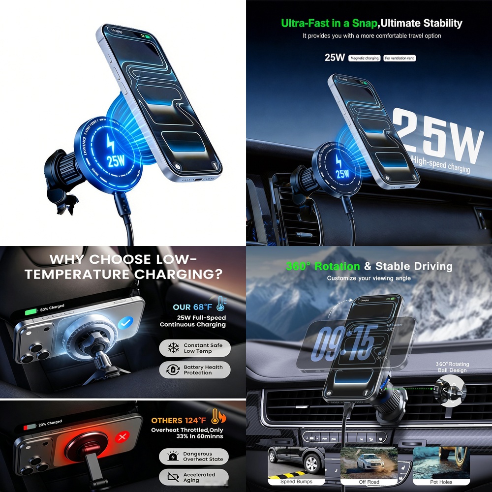 Magnetic Phone Holder For Car Vent - Potente Caricabatterie Wireless Magnetico da 25W